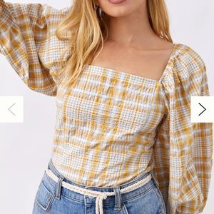 Maeve Anthropologie Plaid Yellow square neck balloon sleeve smocked top L